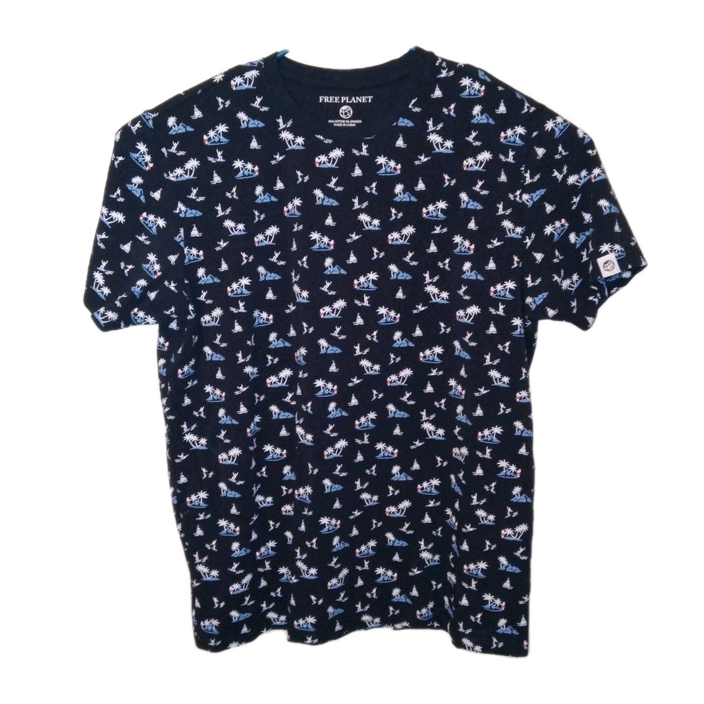 Free Planet T-Shirt Mens XL Navy Blue Tropical Surfer Print Short Sleeve Tee